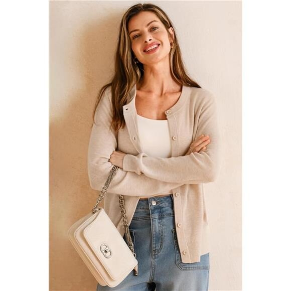 Women's Wool Blended Cardigan Sweaters Lightweight Apricot - Picture 3 of 6